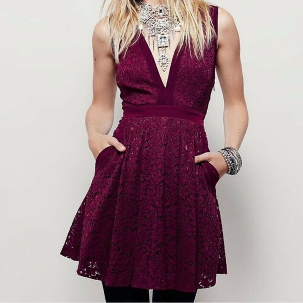Free People Lovely in Lace Boho Western V Neck Pockets Sleeveless Burgandy Dress - Picture 1 of 15